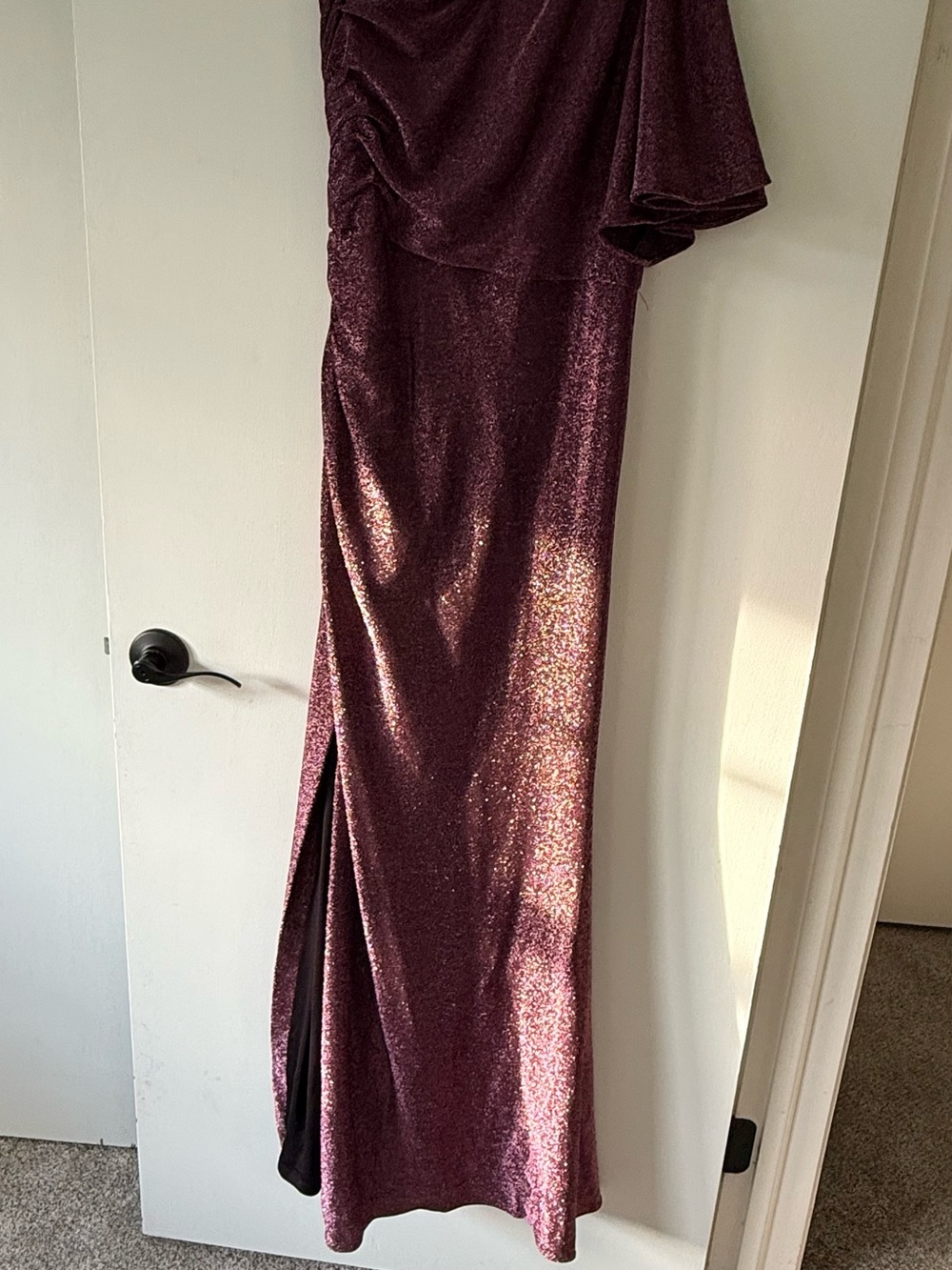 Adrianna Papell Shimmery Plum One-Shoulder Maxi Dress